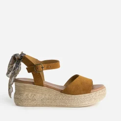 Eram Sandales^Sandale compensée cuir velours éco-conçu CAMEL