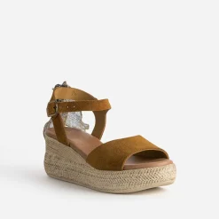 Eram Sandales^Sandale compensée cuir velours éco-conçu CAMEL