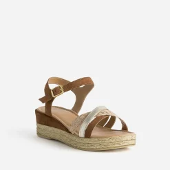 Eram Sandales^Sandale compensée en cuir velours CAMEL