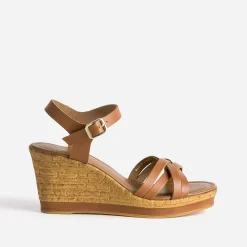 Eram Sandales^Sandale compensée en cuir CAMEL