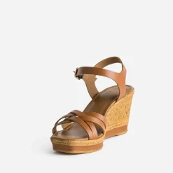 Eram Sandales^Sandale compensée en cuir CAMEL