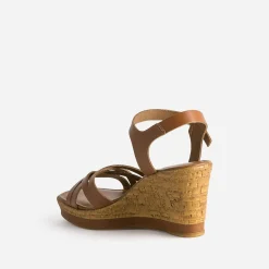 Eram Sandales^Sandale compensée en cuir CAMEL