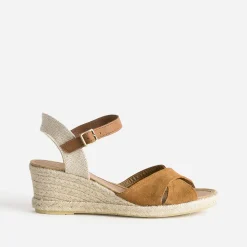 Eram Sandales^Sandale compensée en cuir velours éco-conçu CAMEL