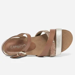 Caprice Sandales^Sandale compensée cognac et doré en cuir IMPRIME