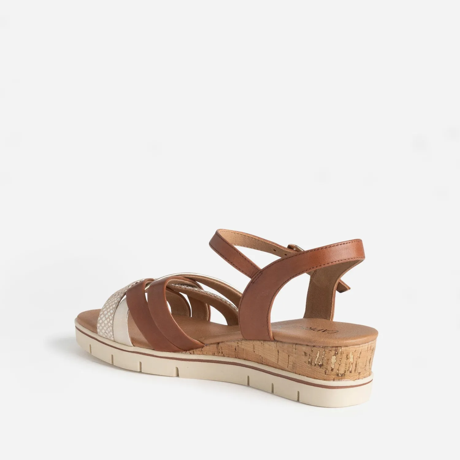 Caprice Sandales^Sandale compensée camel et doré cuir COGNAC