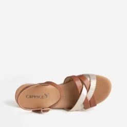 Caprice Sandales^Sandale compensée camel et doré cuir COGNAC