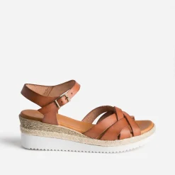 Eram Sandales^Sandale compensée cognac éco-conçue en cuir CAMEL