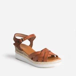 Eram Sandales^Sandale compensée cognac éco-conçue en cuir CAMEL