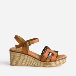 Eram Espadrilles|Sandales^Sandale compensée cuir tressé marron COGNAC