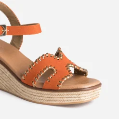 Eram Espadrilles|Sandales^Sandale compensée cuir velours tressé doré ORANGE