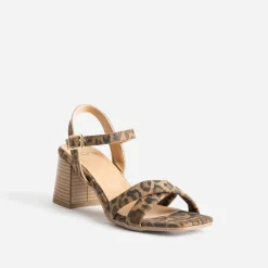 Eram Sandales^Sandale léopard cuir velours à talon MARRON