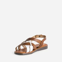 Eram Sandales^Sandale marron et blanche en cuir à brides croisées CAMEL