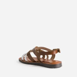 Eram Sandales^Sandale marron et blanche en cuir à brides croisées CAMEL
