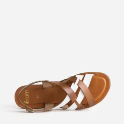 Eram Sandales^Sandale marron et blanche en cuir à brides croisées CAMEL
