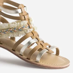 Buggy Sandales^Sandale spartiate camel et doré en cuir avec galon frangé MULTICOLORE