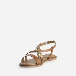 Texto Sandales^Sandale camel cuir décor feuilles COGNAC