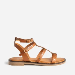 Eram Sandales^Sandale-spartiate camel cuir clouté COGNAC