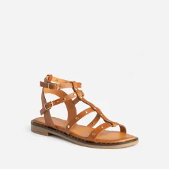 Eram Sandales^Sandale-spartiate camel cuir clouté COGNAC