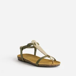 Eram Sandales^Sandale-tong anatomique et doré en cuir KAKI