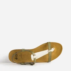 Eram Sandales^Sandale-tong anatomique et doré en cuir KAKI