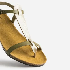 Eram Sandales^Sandale-tong anatomique et doré en cuir KAKI