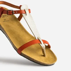 Eram Sandales^Sandale-tong anatomique rouge et doré en cuir ORANGE