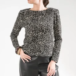 Texto Pulls^Tee-shirt imprimé animalier à épaulettes NOIR
