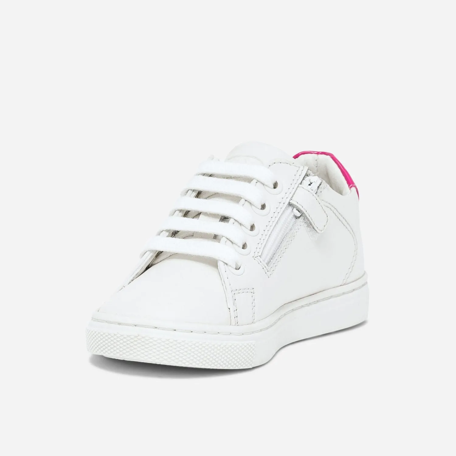 Buggy Baskets^Tennis he en cuir à contrefort rose fluo verni BLANC