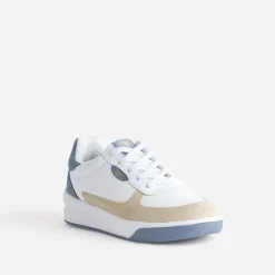 Tbs Baskets^Tennis blanche, beige et ciel cuir BLEU