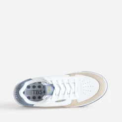 Tbs Baskets^Tennis blanche, beige et ciel cuir BLEU